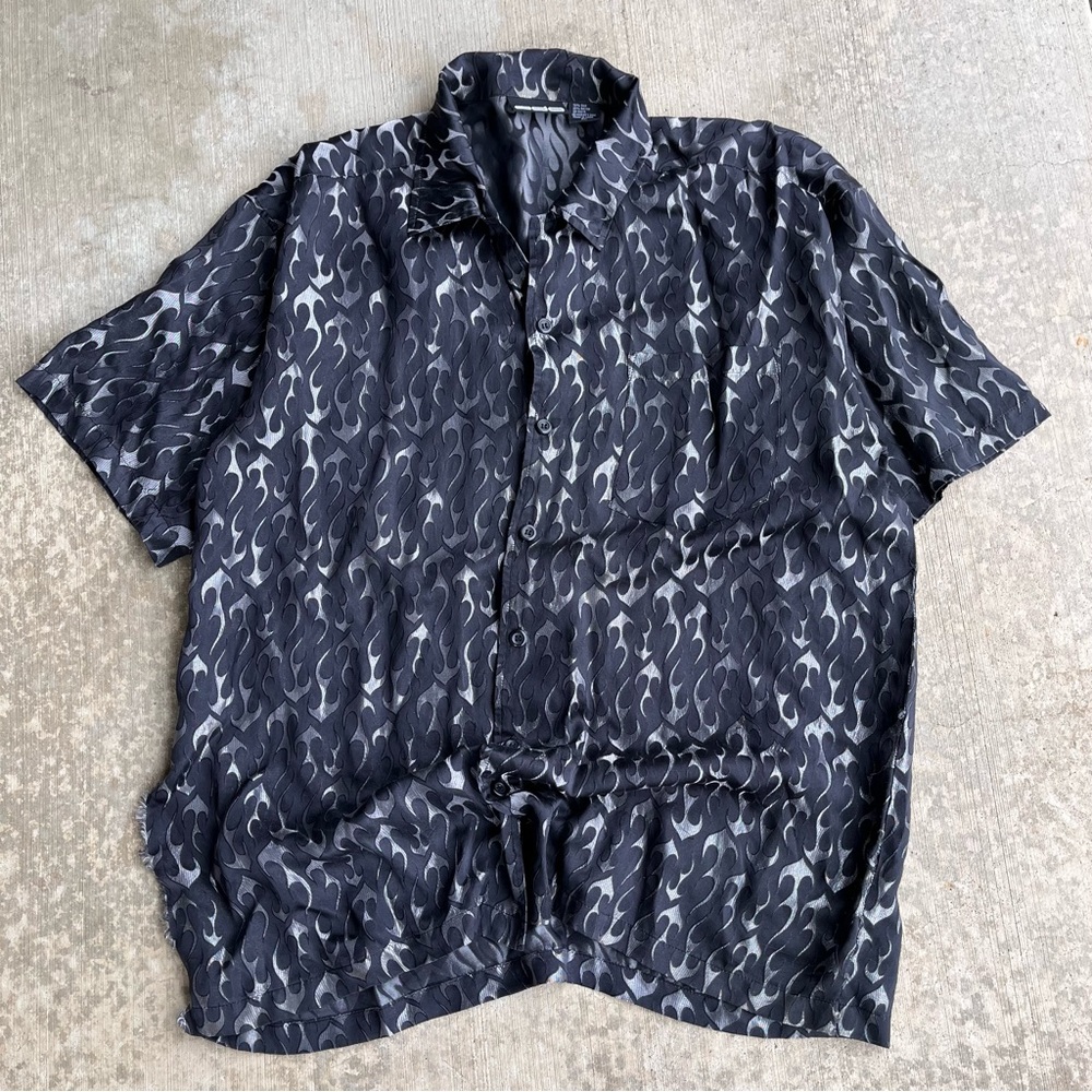 Vintage Y2K ODO Bowling Grunge Flame Silk Shirt Mens XL Distressed READ